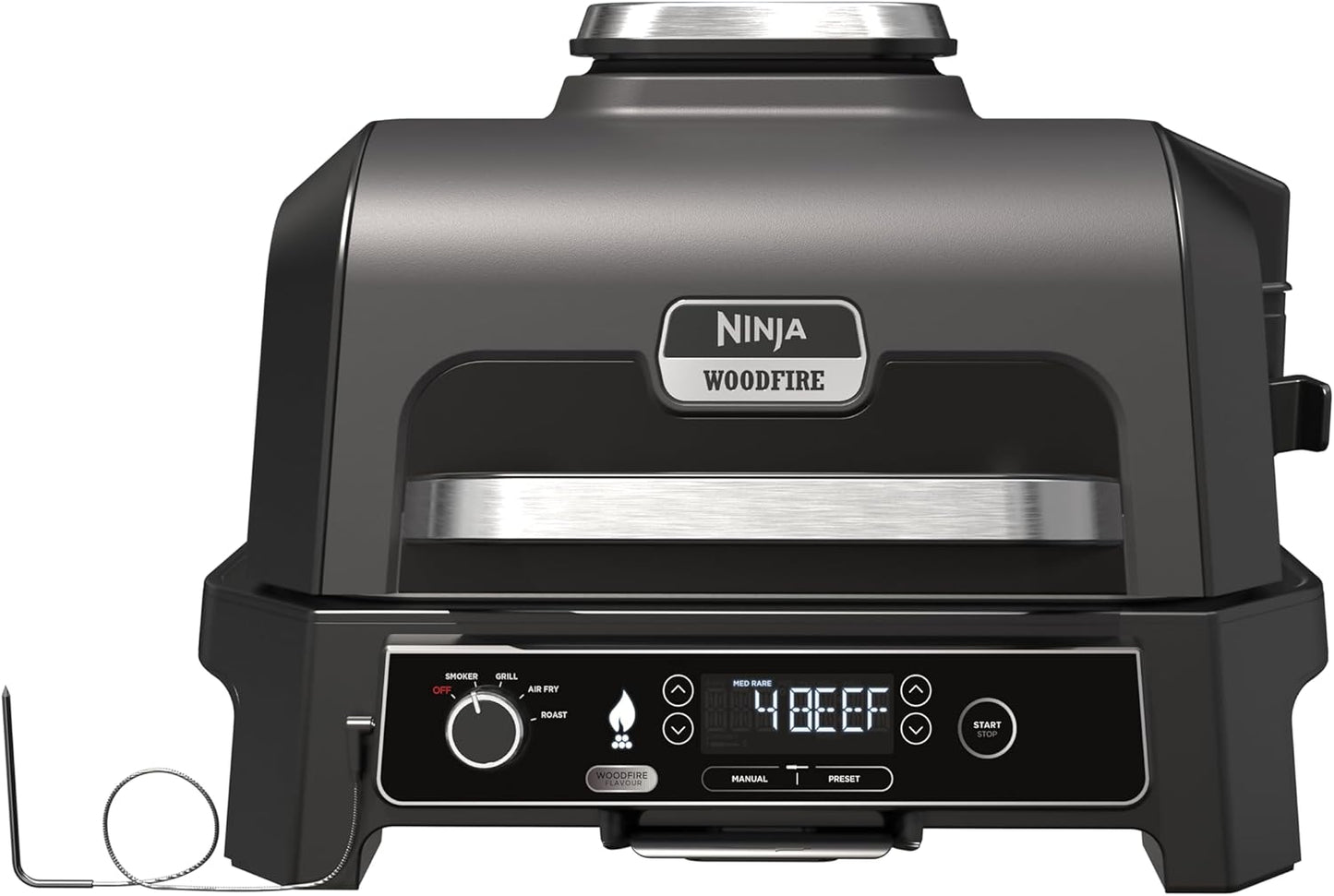 Ninja Woodfire Barbecue électrique et fumoir Pro XL avec thermomètre, barbecue et Air fryer d'extérieur 4-en-1 avec système Smart Cook et granulés Woodfire, portatif, gris/noir, OG850EU