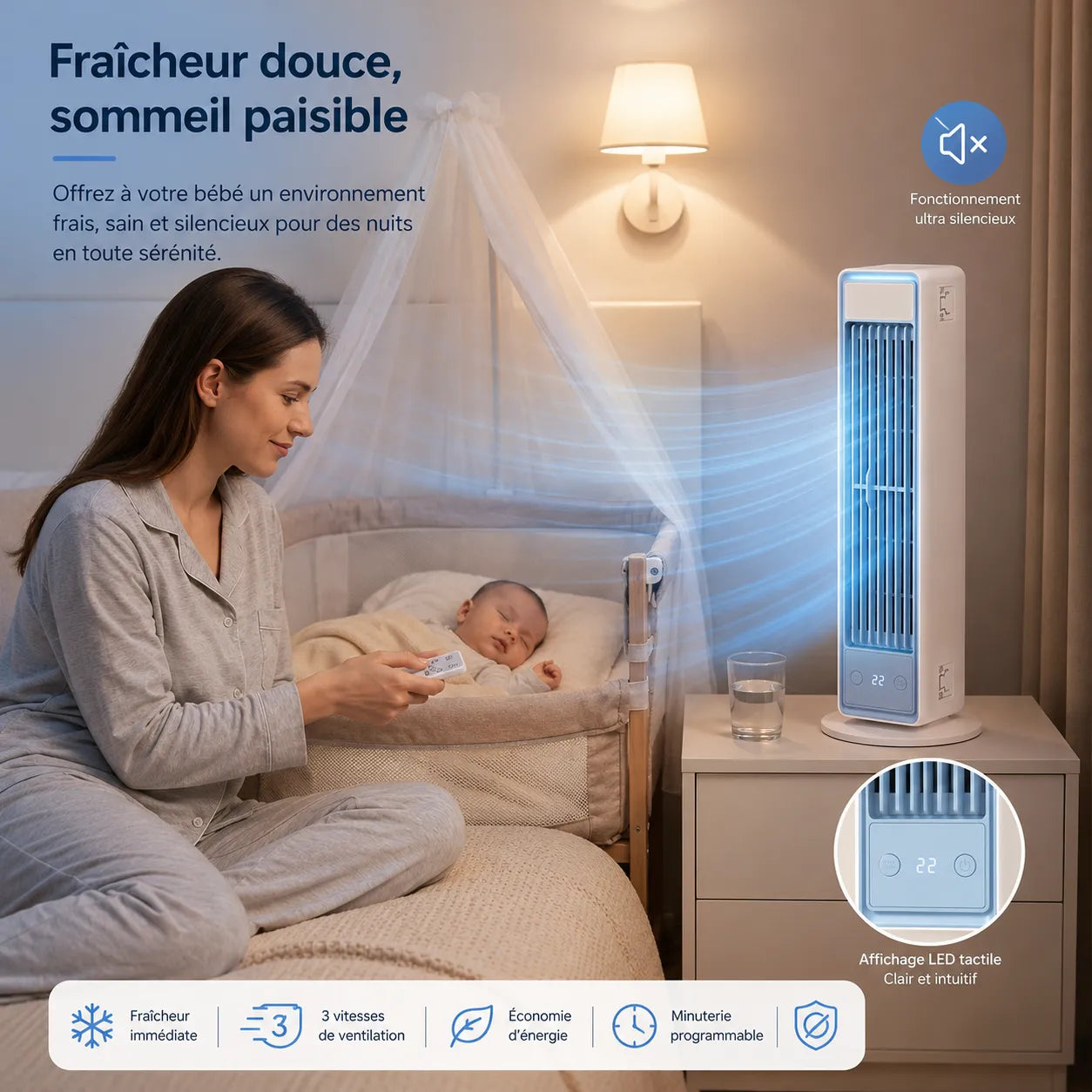 AeroFlow™ | Climatiseur Mobile Sans Évacuation Silencieux Tour Sans Pales