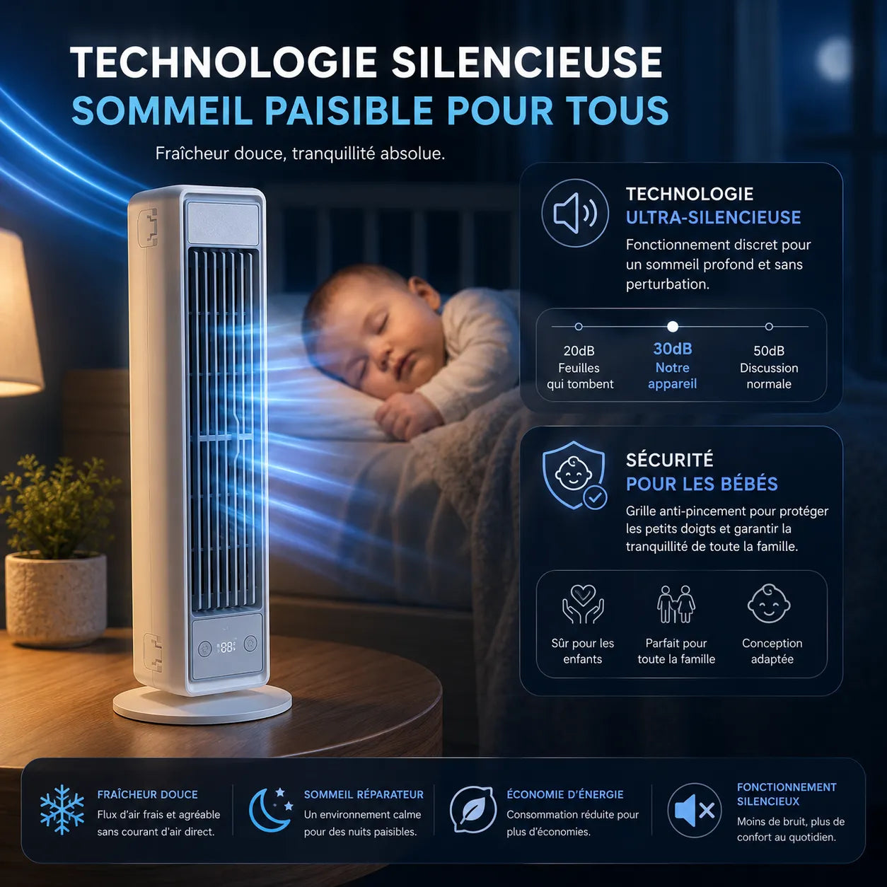 AeroFlow™ | Climatiseur Mobile Sans Évacuation Silencieux Tour Sans Pales