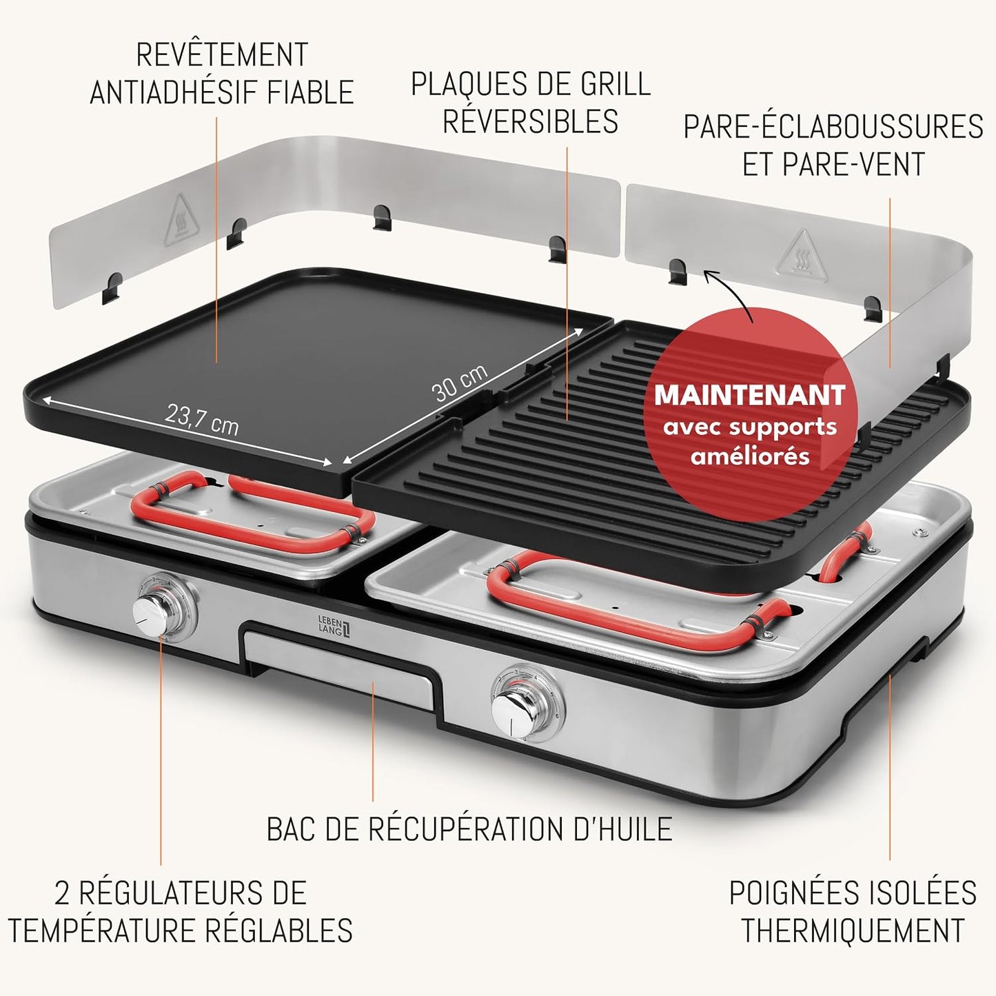 LEBENLANG 2400W Plancha électrique - Avec pince à barbecue & Protection contre les éclaboussures I Pour intérieur & exterieur I Plancha grill electrique Inox Grills électriques XXL