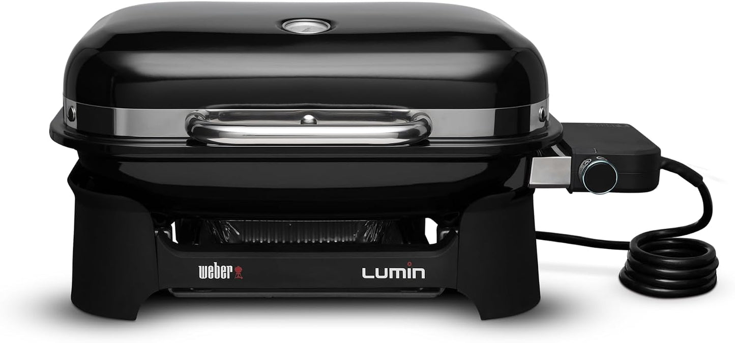 Weber Lumin Compact Barbecue électrique Portable/Compact, Jusqu’à 315 °C, avec thermomètre de Couvercle, grilles en Fonte émaillée, Surface 43 × 32 cm, Noir (1502044)