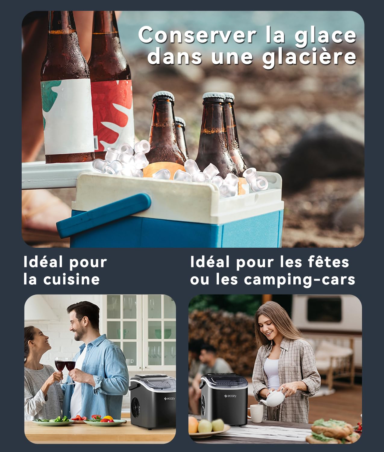ecozy Machine à Glaçons, 9 Glaçons en 6 Minutes, 2 Tailles de Glaçons, Machine à Glacons Autonettoyante, 12KG en 24 Heures, Machine a Glacons Portable Pour la Maison/Fête/Cuisine/Bar-Noir