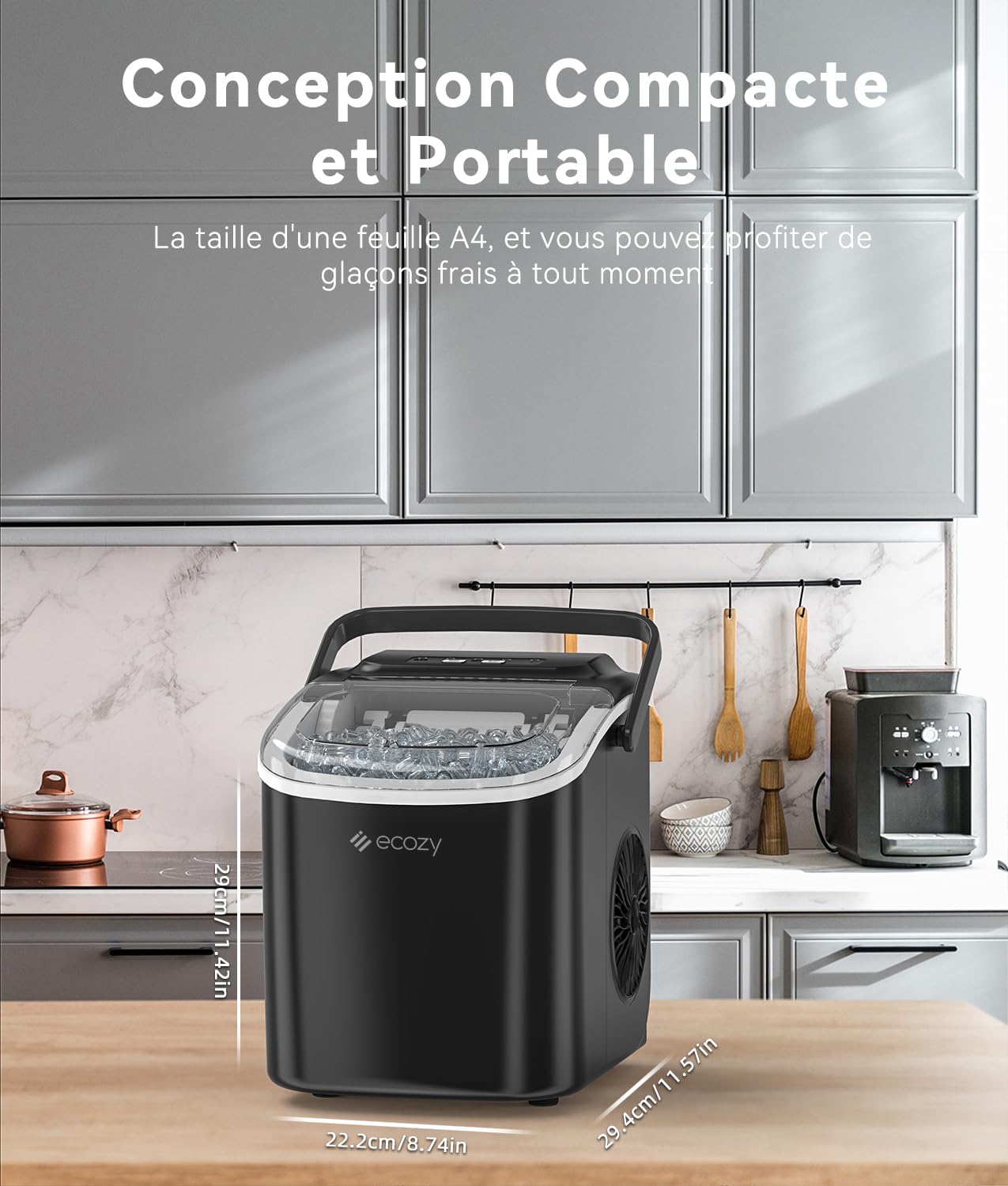 ecozy Machine à Glaçons, 9 Glaçons en 6 Minutes, 2 Tailles de Glaçons, Machine à Glacons Autonettoyante, 12KG en 24 Heures, Machine a Glacons Portable Pour la Maison/Fête/Cuisine/Bar-Noir