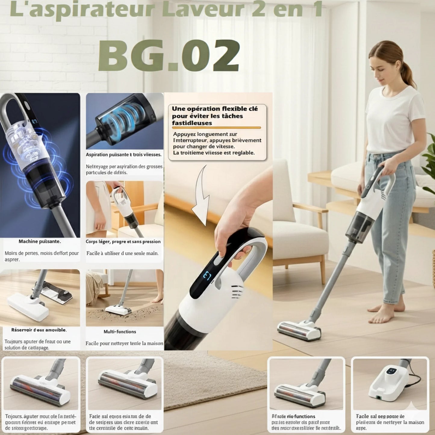 Aspirateur Laveur 2 en 1 BG-02 - Aspire & Lave - Sans Fil