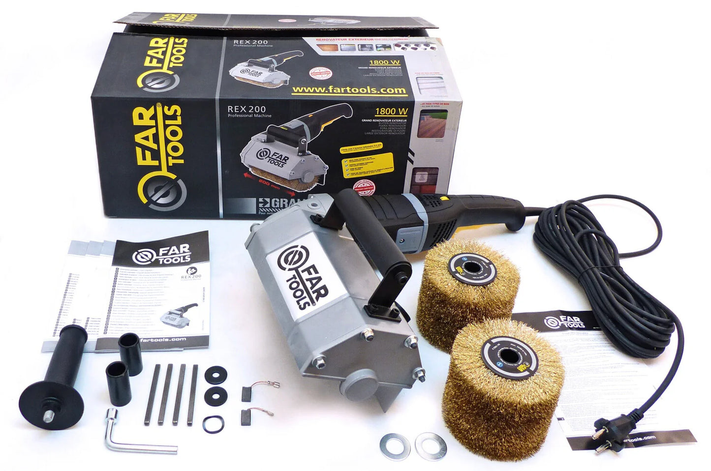 REX 200 Grand rénovateur exterieur FARTOOLS Puissance  1800 W, Diamètre de l'abrasif   120 MM, Longueur de l'abrasif 200 MM, Vitesse de rotation 900-3000 TR/MIN, Récupérateur de poussières Collecteur ,