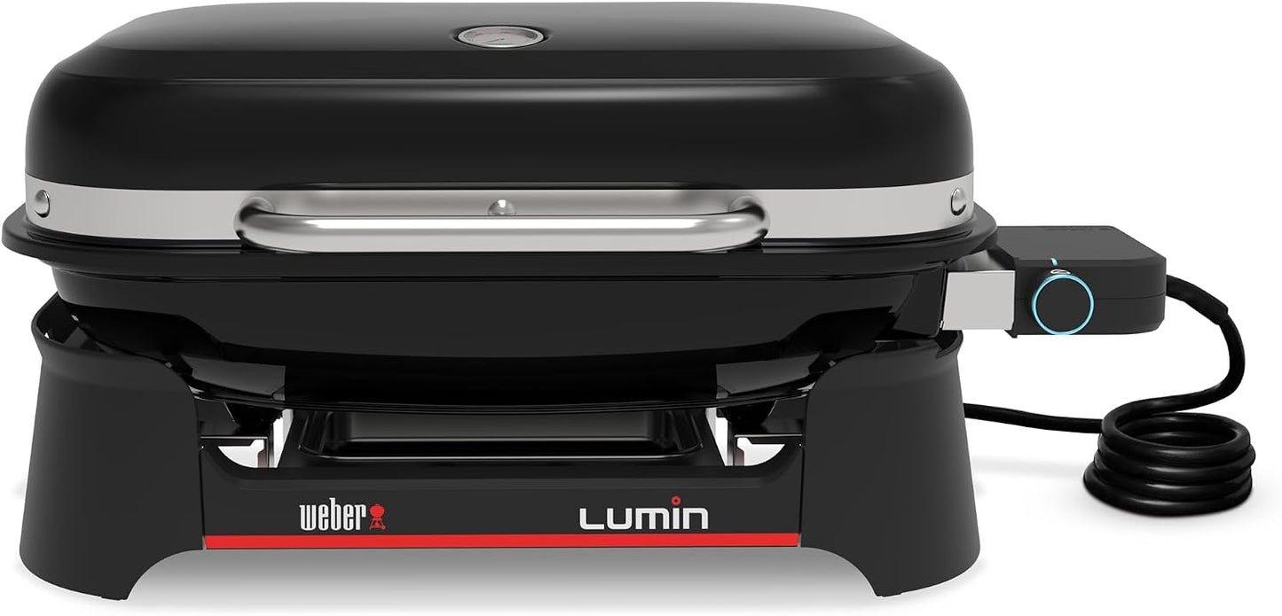 Weber Lumin Compact Barbecue électrique Portable/Compact, Jusqu’à 315 °C, avec thermomètre de Couvercle, grilles en Fonte émaillée, Surface 43 × 32 cm, Noir (1502044)