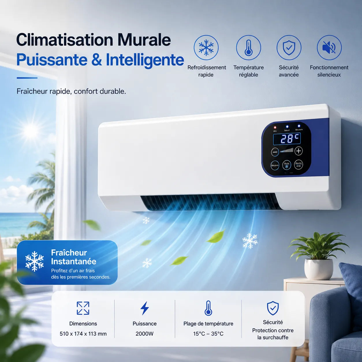 WallBreeze | Climatiseur Mobile Sans Évacuation Silencieux Mural 2000W