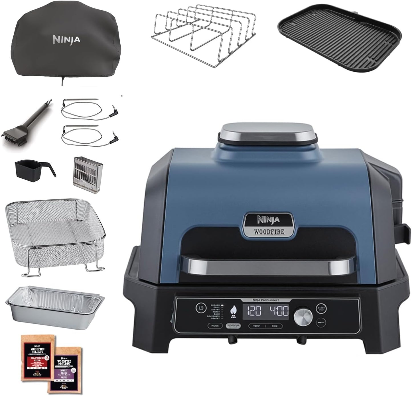 Ninja Woodfire Barbecue électrique et fumoir Pro XL avec thermomètre, barbecue et Air fryer d'extérieur 4-en-1 avec système Smart Cook et granulés Woodfire, portatif, gris/noir, OG850EU