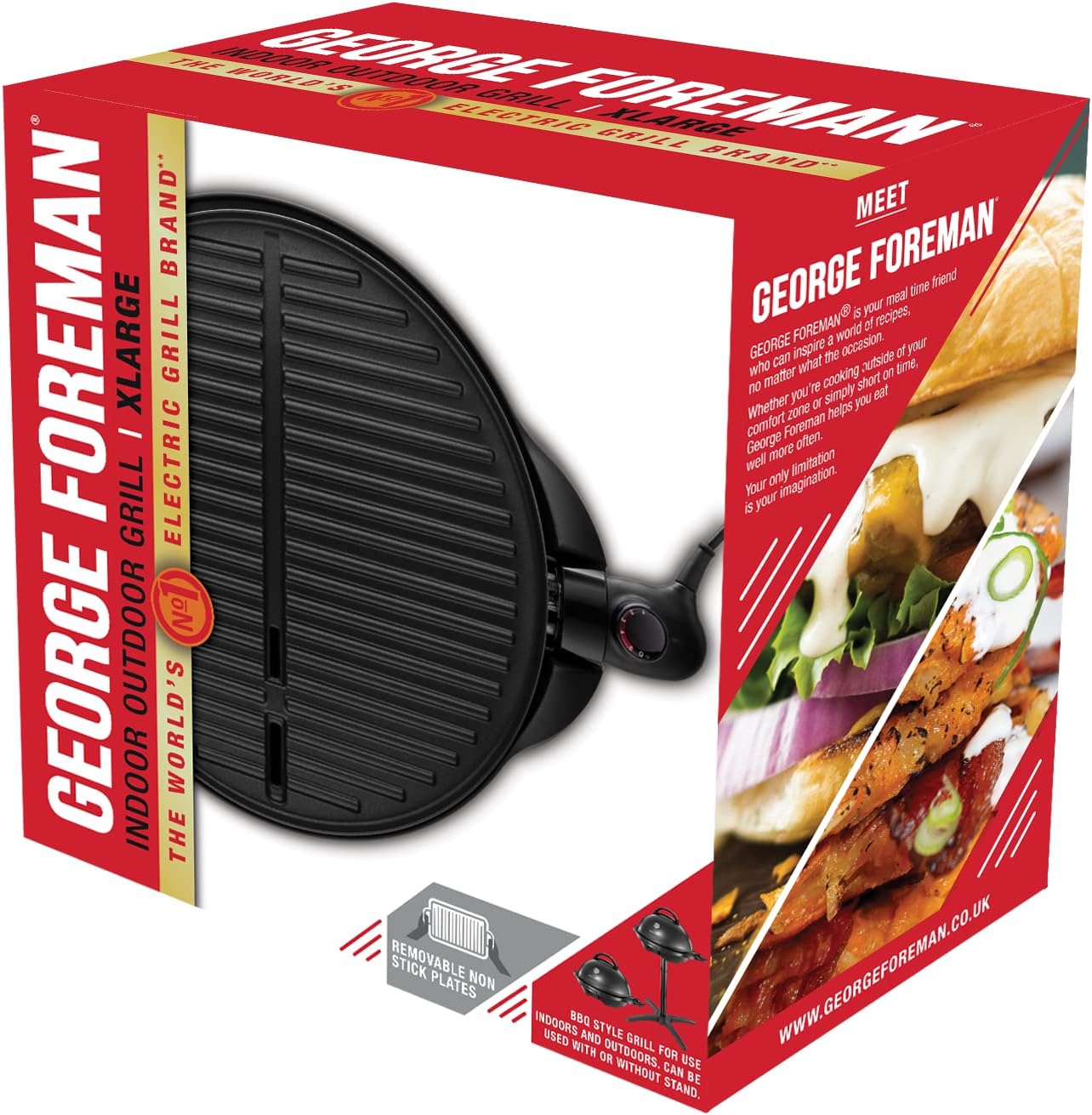 George Foreman Barbecue 2 en 1 électrique: Grill sur pied & de table (utilisation intérieure & extérieure, balcon & cuisine, Ø44,5cm, indicateur de température, bac à graisse, 2400W) 22460-56