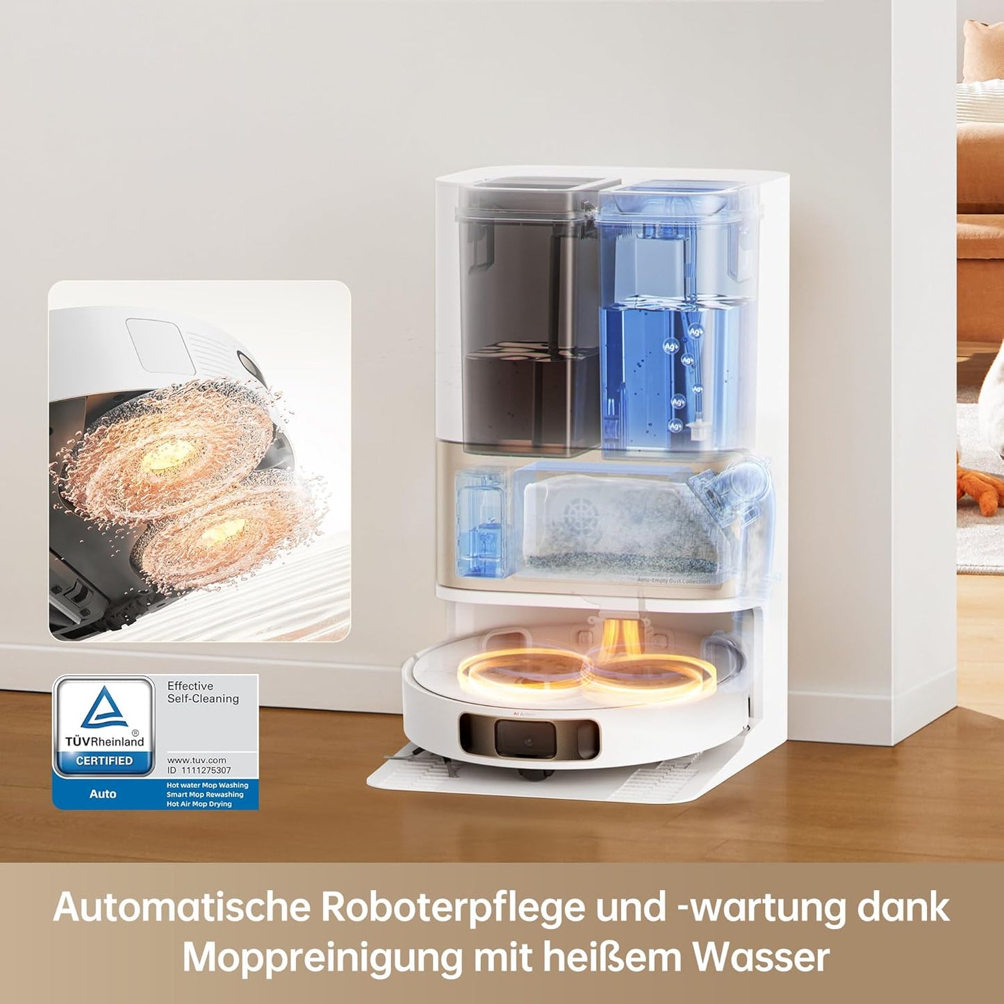 dreame L10s Pro Ultra Heat Roboter Staubsauger mit Automatische Moppreinigung mit heiem Wasser, Moppverlngerung, 7.000 Pa Saugkraft, Doppelte Mopp- und Bodenreinigung, Teppicherkennung