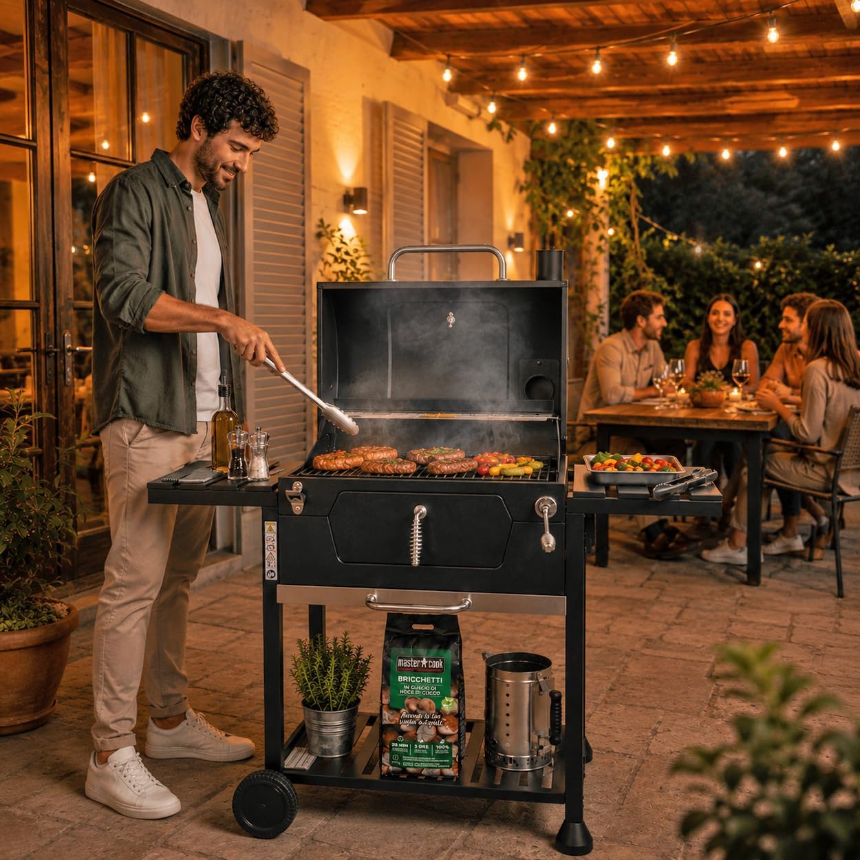 BRIGROS La voglia di fare MasterCook Barbecue à charbon en acier avec roues robustes et stables avec double grille, thermomètre et réglage panier barbecue, barbecue charbon avec étagères latérales