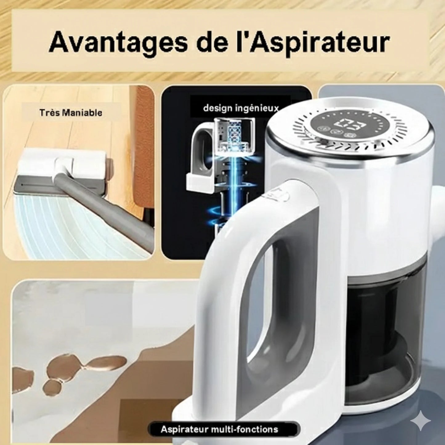 Aspirateur Balai 4 en 1 JKU - Sans Fil - Brosse LED - 1,3L Spécial Fête des Mères