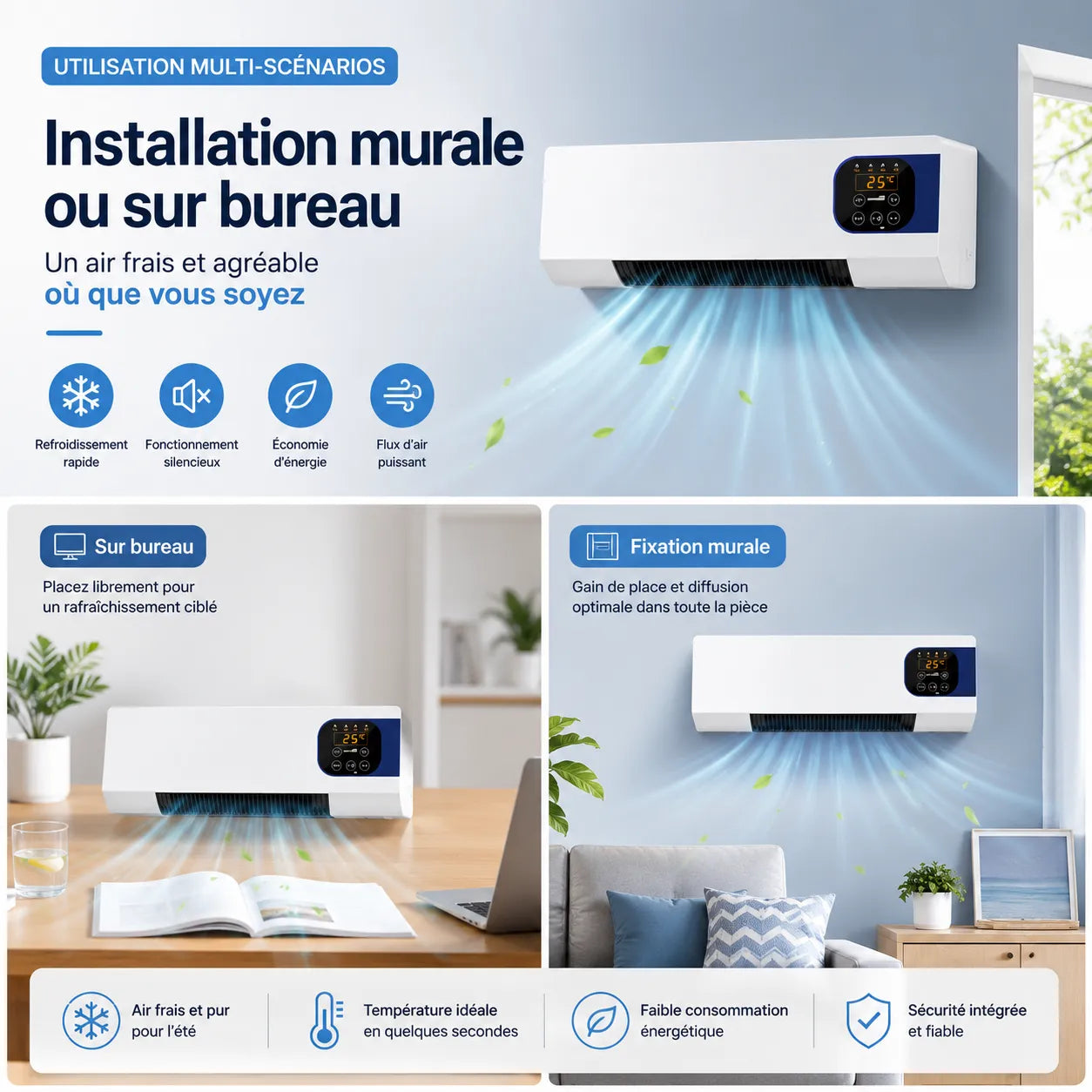 WallBreeze | Climatiseur Mobile Sans Évacuation Silencieux Mural 2000W