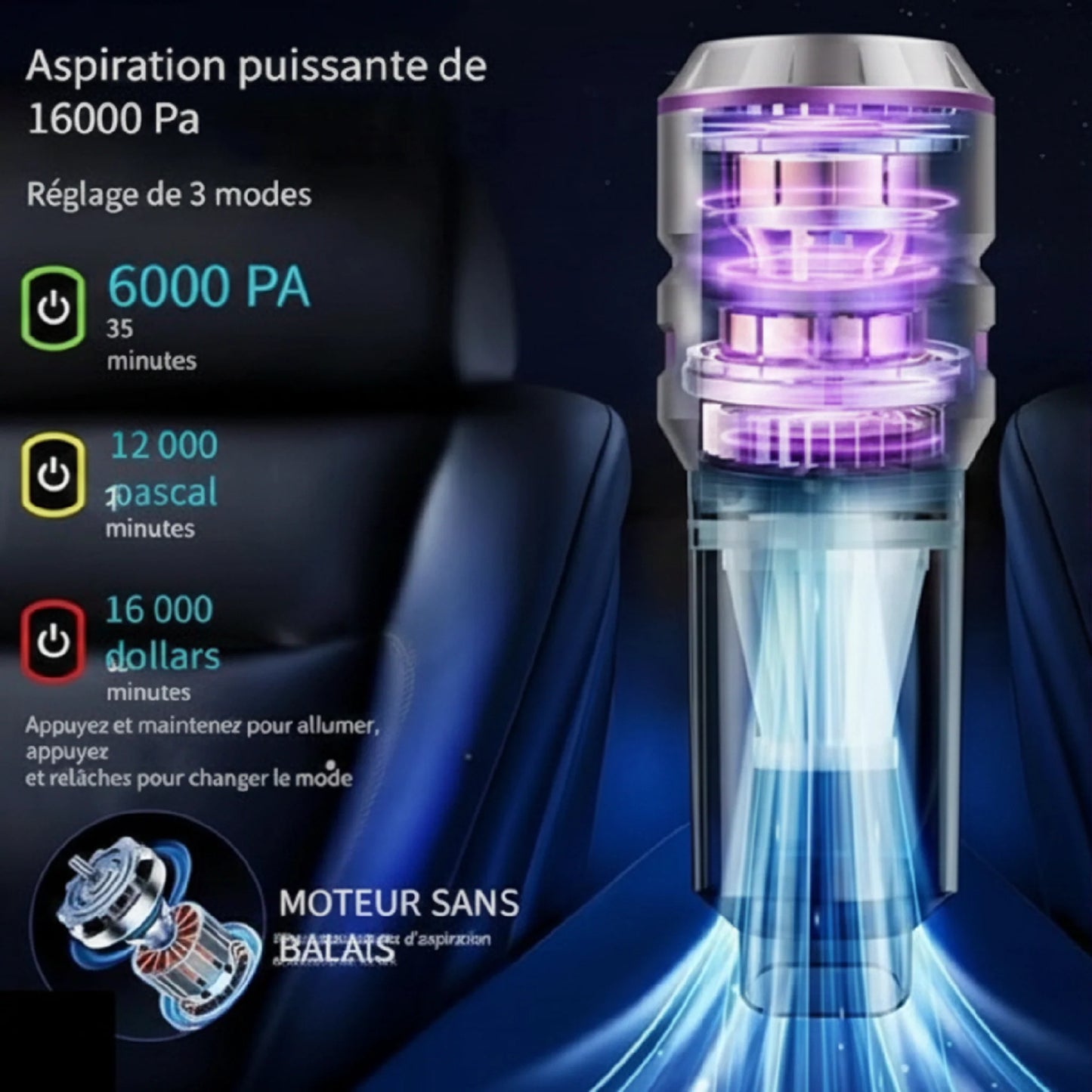 Aspirateur Souffleur 2 en 1 - 16KPa - Moteur Sans Balai - 6 Accessoires
