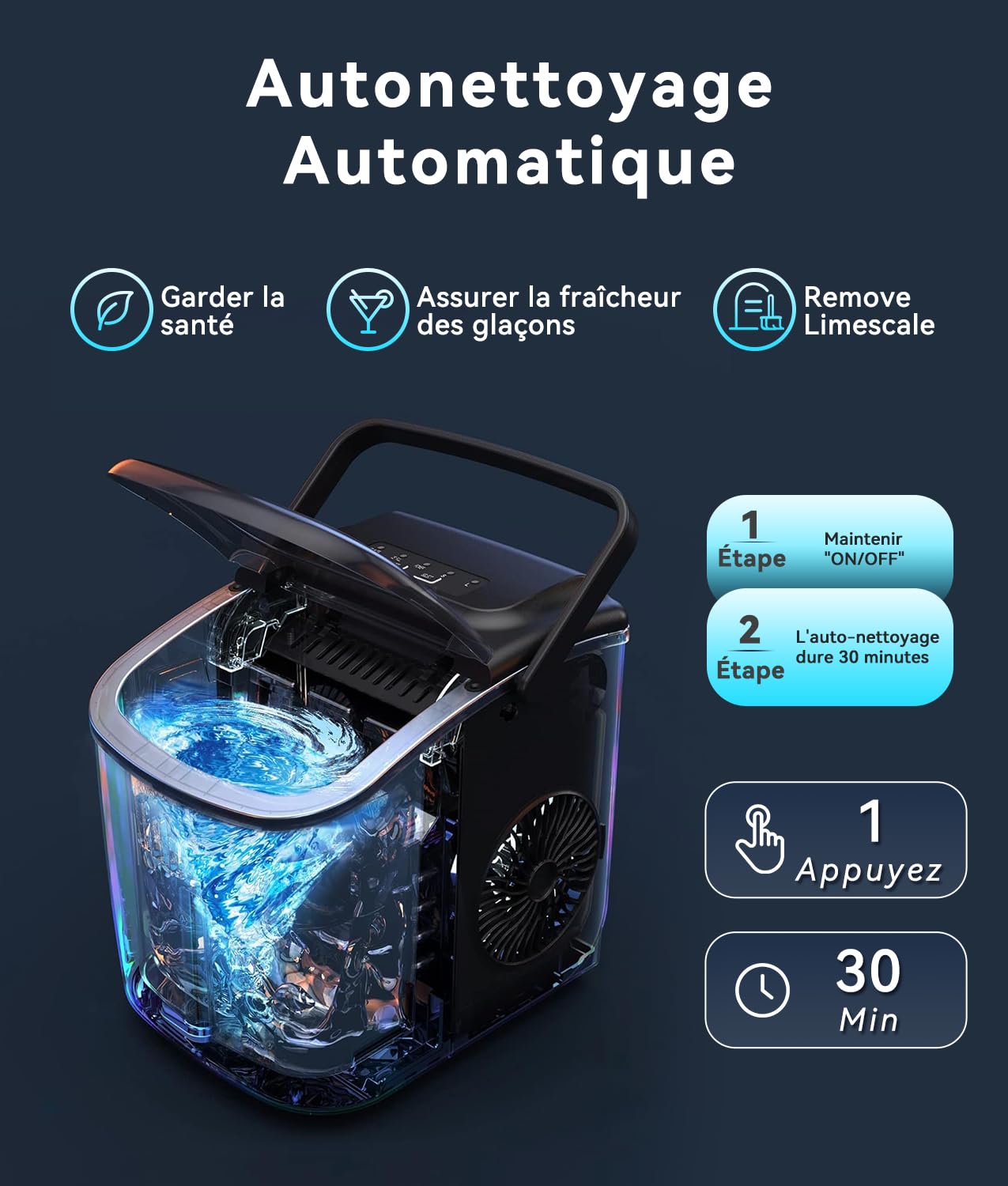 ecozy Machine à Glaçons, 9 Glaçons en 6 Minutes, 2 Tailles de Glaçons, Machine à Glacons Autonettoyante, 12KG en 24 Heures, Machine a Glacons Portable Pour la Maison/Fête/Cuisine/Bar-Noir