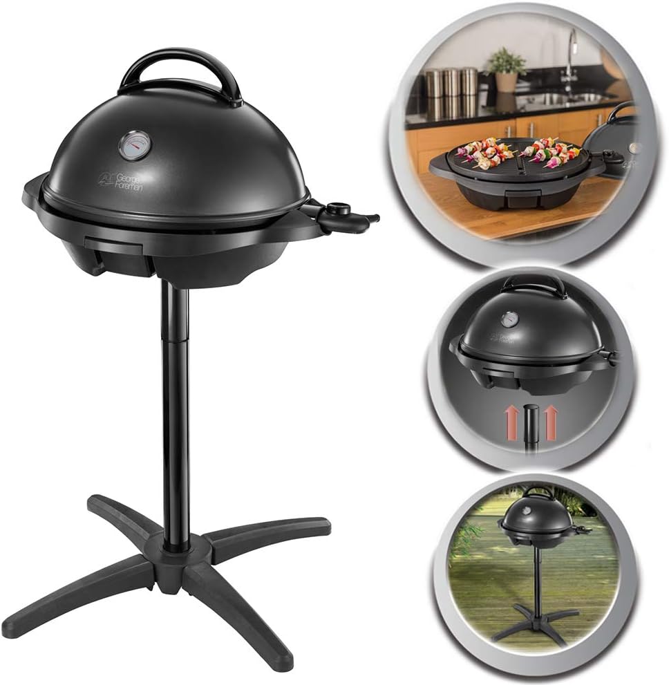 George Foreman Barbecue 2 en 1 électrique: Grill sur pied & de table (utilisation intérieure & extérieure, balcon & cuisine, Ø44,5cm, indicateur de température, bac à graisse, 2400W) 22460-56