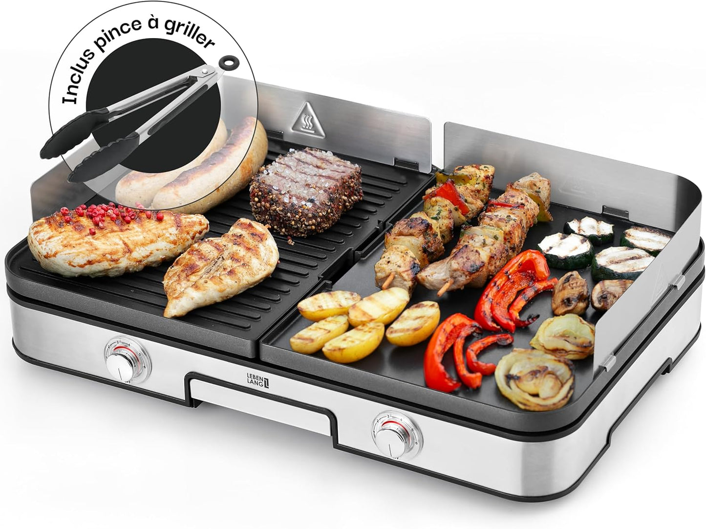 LEBENLANG 2400W Plancha électrique - Avec pince à barbecue & Protection contre les éclaboussures I Pour intérieur & exterieur I Plancha grill electrique Inox Grills électriques XXL