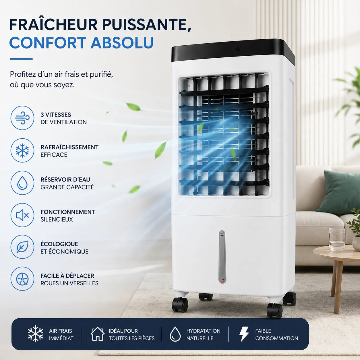 ArcticBreeze | Climatiseur Mobile Sans Évacuation Silencieux 10L