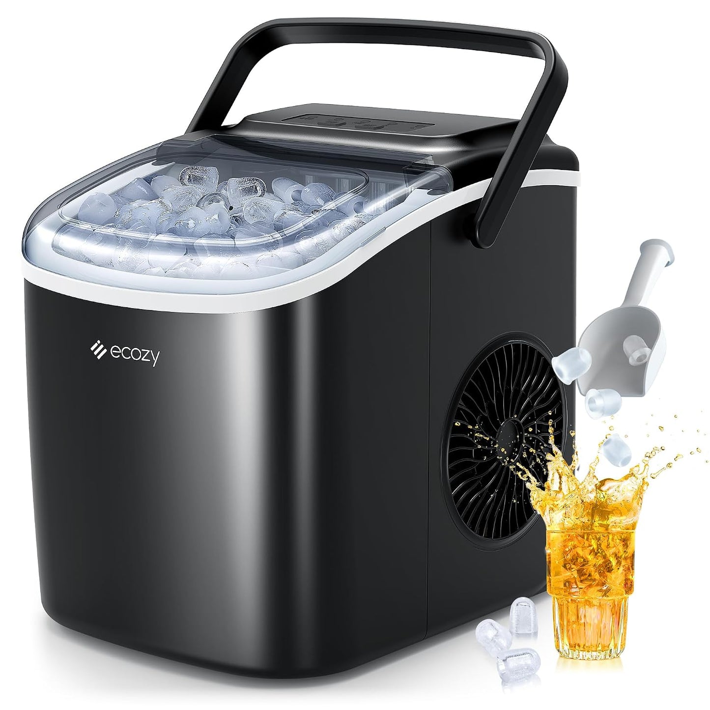 ecozy Machine à Glaçons, 9 Glaçons en 6 Minutes, 2 Tailles de Glaçons, Machine à Glacons Autonettoyante, 12KG en 24 Heures, Machine a Glacons Portable Pour la Maison/Fête/Cuisine/Bar-Noir