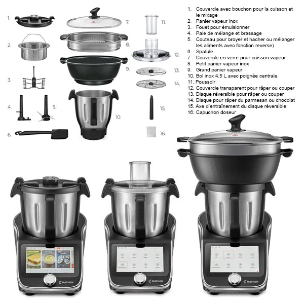 Lot robot cuiseur multifonction 4,5 L 1000 W et 2 bols inox avec couvercles Mathon