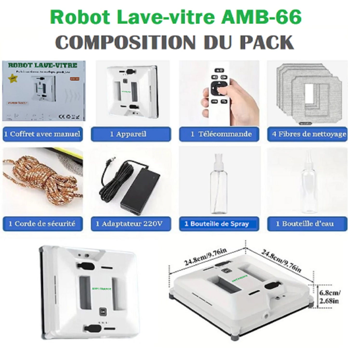 Robot Lave-vitre Intelligent - 24cm - Modèle AMB-66