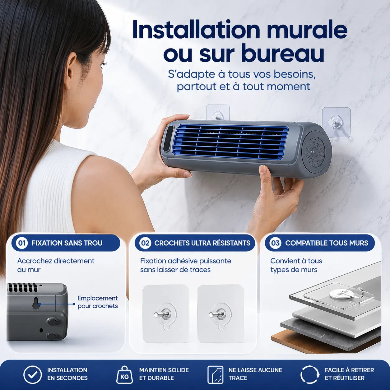 Climatiseur Portable Airéna | Ventilateur mural rechargeable silencieux 3 vitesses