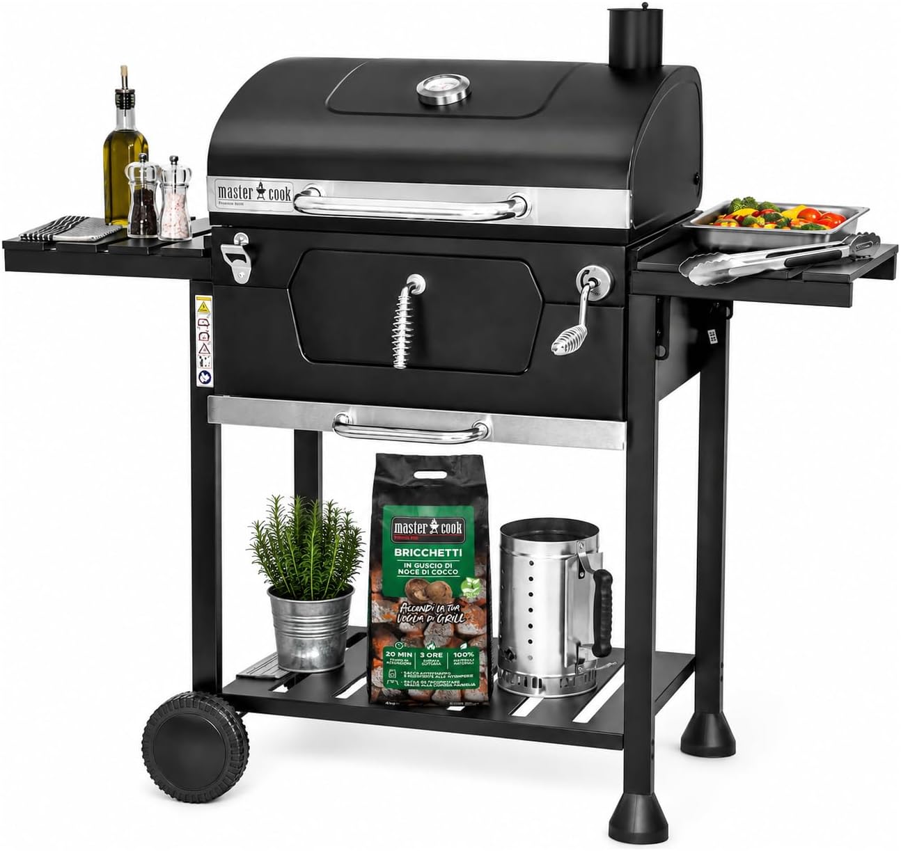BRIGROS La voglia di fare MasterCook Barbecue à charbon en acier avec roues robustes et stables avec double grille, thermomètre et réglage panier barbecue, barbecue charbon avec étagères latérales