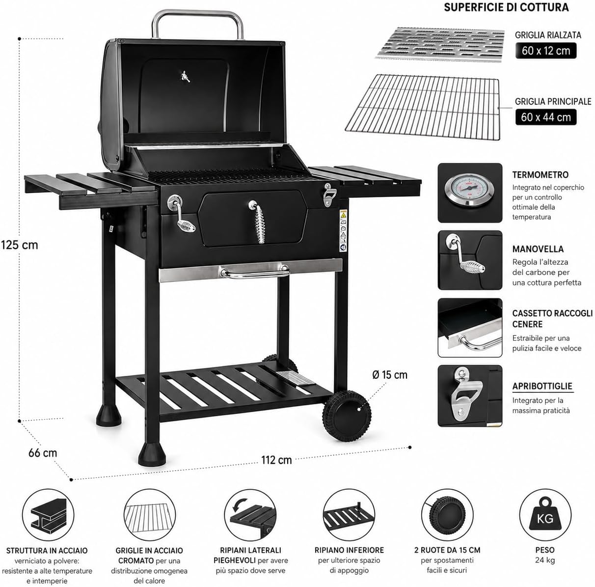 BRIGROS La voglia di fare MasterCook Barbecue à charbon en acier avec roues robustes et stables avec double grille, thermomètre et réglage panier barbecue, barbecue charbon avec étagères latérales