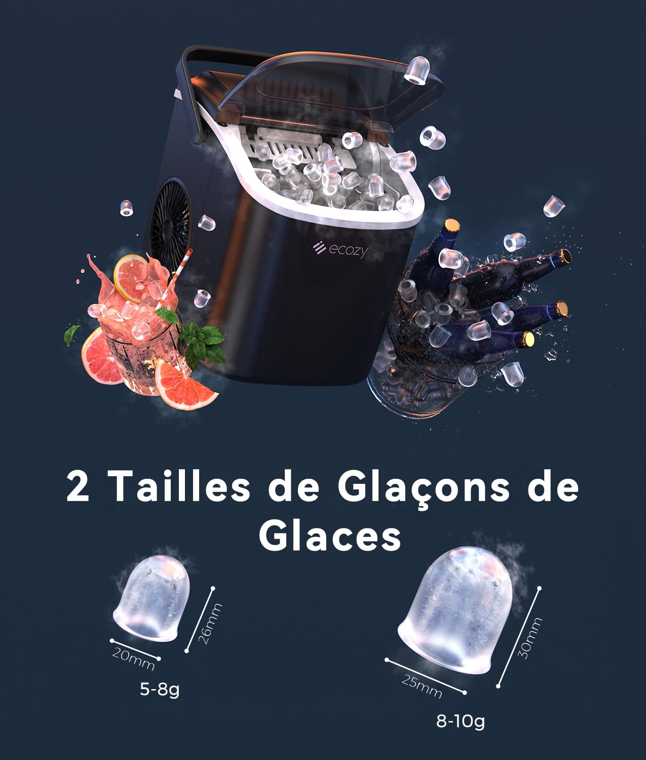 ecozy Machine à Glaçons, 9 Glaçons en 6 Minutes, 2 Tailles de Glaçons, Machine à Glacons Autonettoyante, 12KG en 24 Heures, Machine a Glacons Portable Pour la Maison/Fête/Cuisine/Bar-Noir